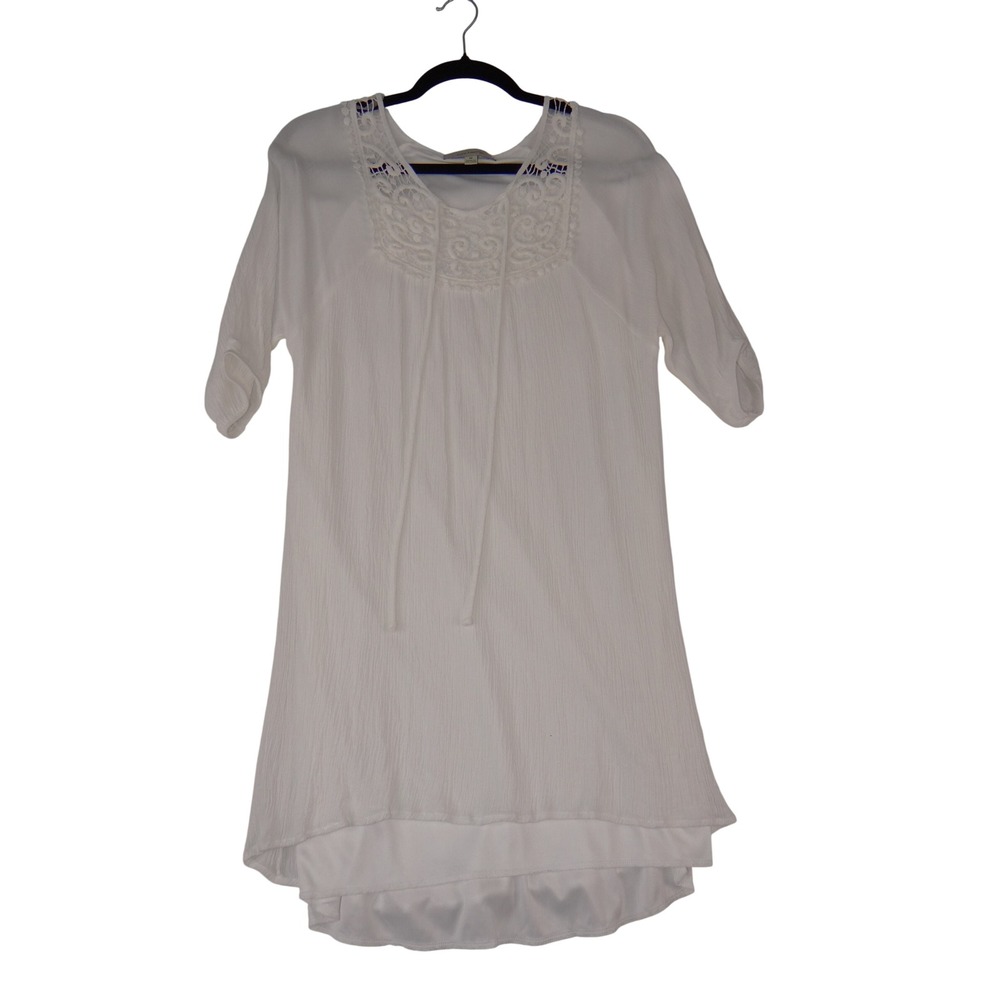 Love Luscious White Crochet Lace Neck Tunic Dress Boho Short Sleeve Medium